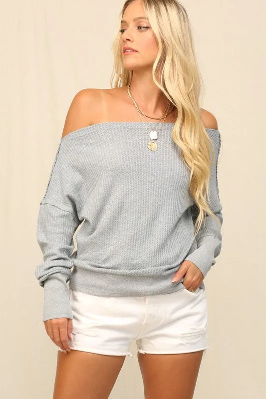 OFF-THE-SHOULDER THERMAL KNIT TOP (GRAY)
